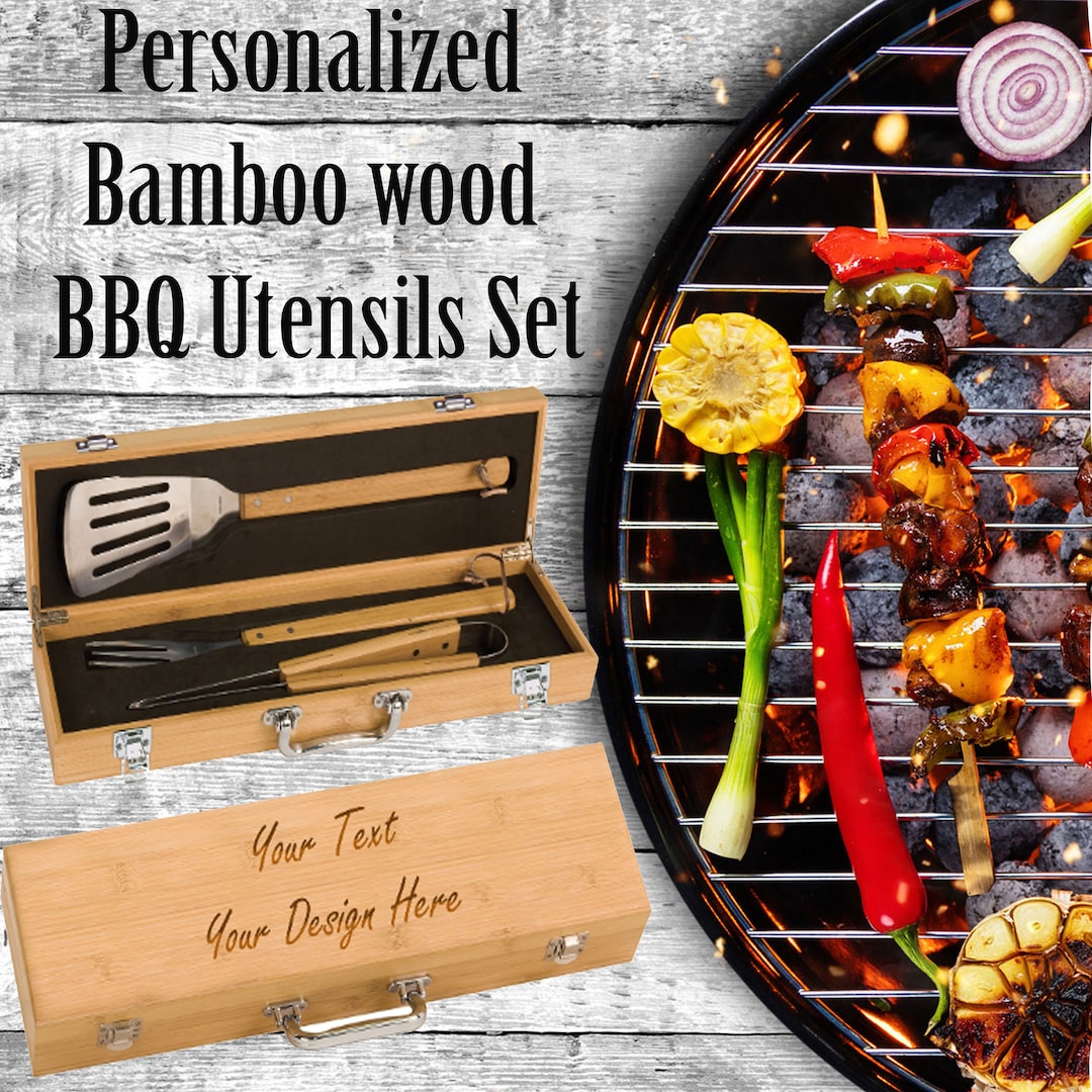 Custom Bamboo Wood BBQ Utensils Set| Monogrammed BBQ Set | Personalized ...