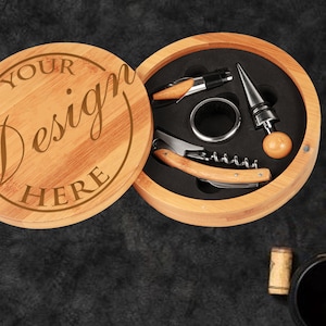 Personalized Wooden Round Wine Tool Set | Engraved Bamboo Wine Opener Set | Custom Wine Tool Gift for Men | Housewarming Gift