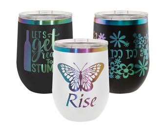 12 oz. Stainless Steel Stemless Wine Glass | Custom Prism Laser Engraved Wine Tumbler