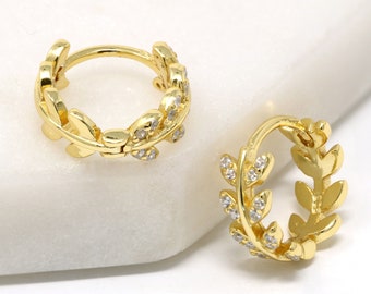 Sterling Silver Huggie Hoop Earrings, Stone Paved Leaf Huggie Earring Gold, Leaf Earring, Dainty Plant Earring Silver, Jewelry Gifts For Her