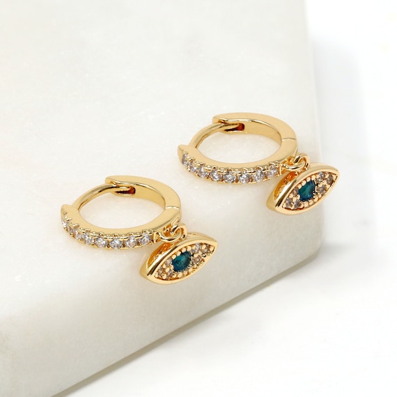 14K Gold Filled Huggie Earring, Evil Eye Earring Gold, Eye Earring, Huggie Earring Earring, Hamsa earring, Gift For Her, Meaningful Gifts