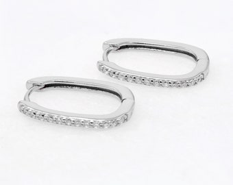 Sterling Silver Huggie Hoop, Oval Huggie Earring, Pave Ear Huggie, Hugger Earring, Minimalist Hoop, Dainty Silver Earring, Gift For Her