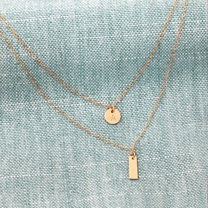 14K Gold Necklace, Layer Necklace Set, Stacking, Gifts For Her, Tiny Bar Initial Necklace, 2 Layer Necklace, Personalized Necklace, WN0132
