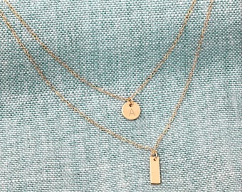 14K Gold Necklace, Layer Necklace Set, Stacking, Gifts For Her, Tiny Bar Initial Necklace, 2 Layer Necklace, Personalized Necklace, WN0132