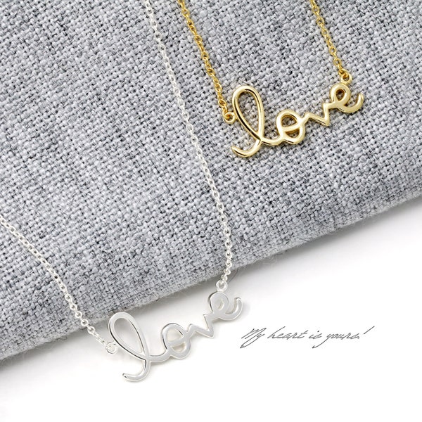 Sterling Silver Love Necklace, Love Necklace Gift for women, Birthday Gift, Mothers Day Gift, Wedding Gift, Love Letter Necklace, Minimalist