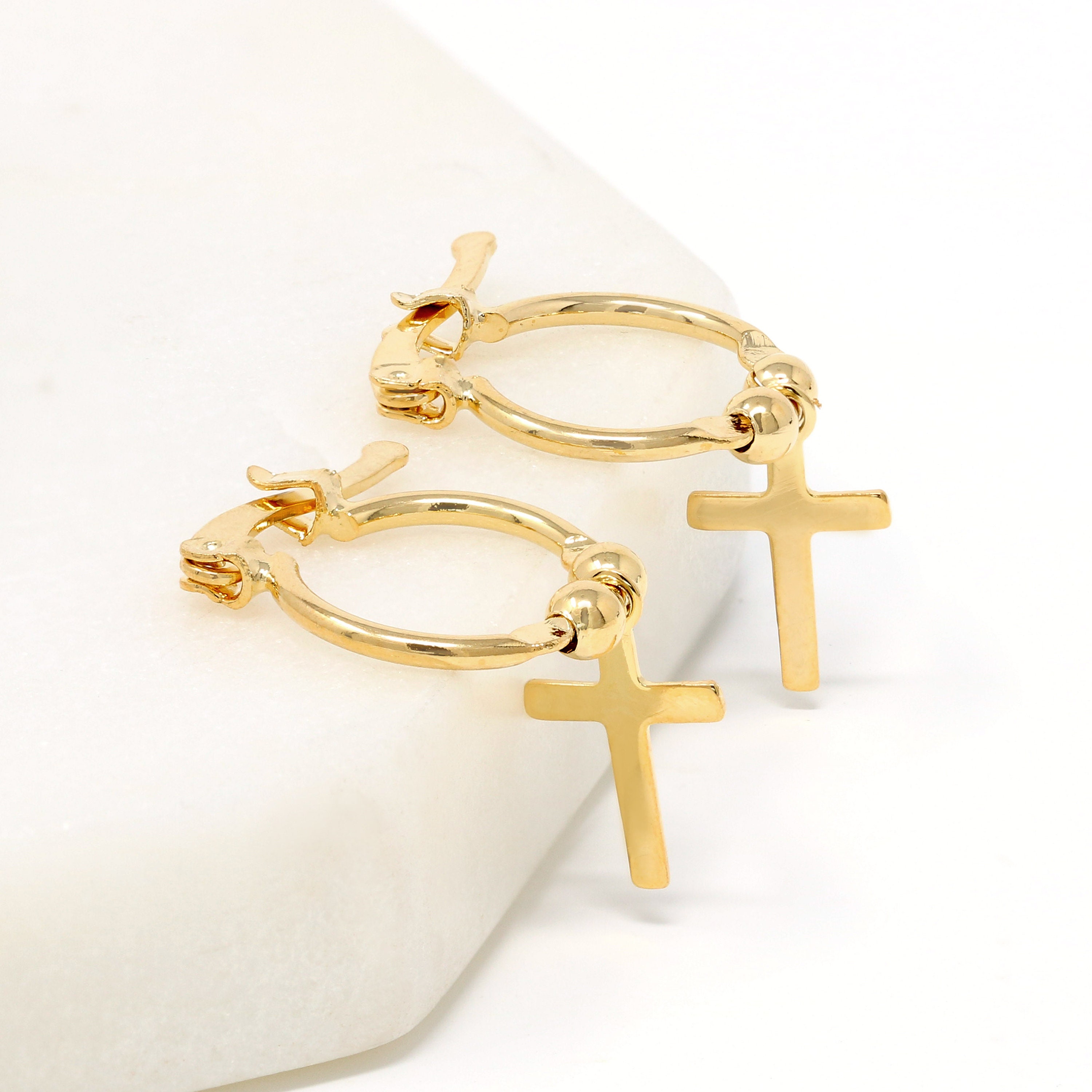 14K Gold Filled Huggie Earring Cross Earring Gold Cross Etsy
