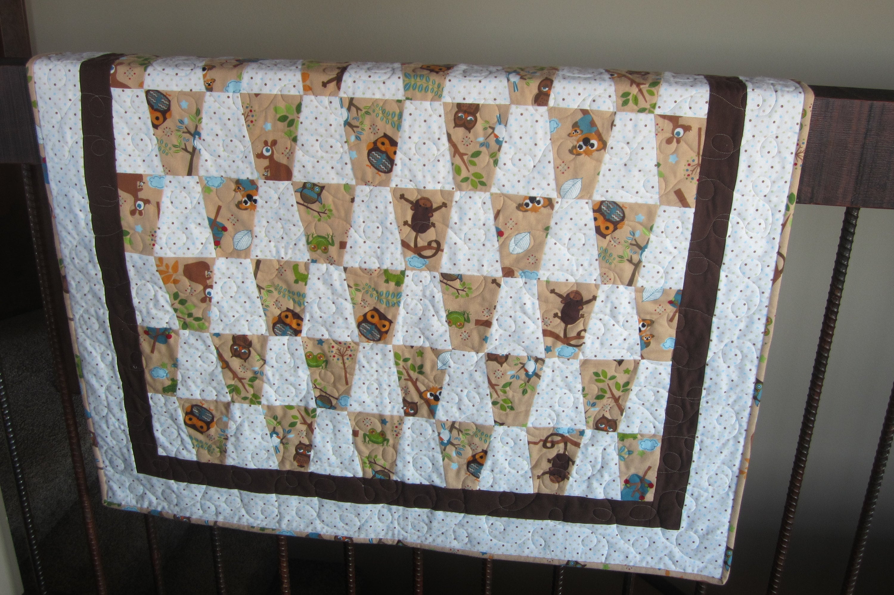 Baby Quilt With Monkeys, Owls, Koala Bears And Birds, Flannel, Neutral Gender