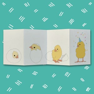 Carte en accordéon pour poussin à couver/carte de voeux illustrée d'anniversaire nouveau bébé/écologique