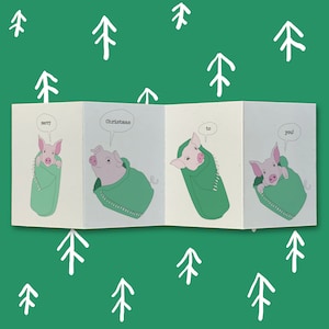 Biglietto di Natale a fisarmonica "Maiali in coperte" / Biglietto illustrato / Ecologico