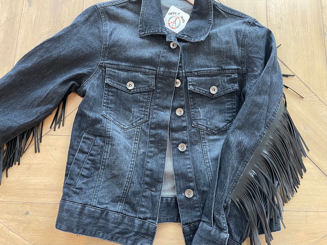 fringe denim jacket black