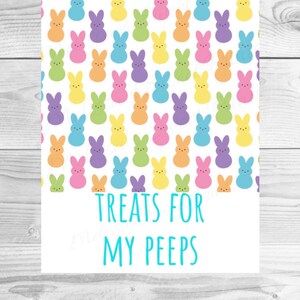 May include: A white background with a pattern of colorful cartoon bunny rabbits in various colors. The text "Treats for My Peeps" is written in turquoise below the pattern. The image is on a wooden surface.