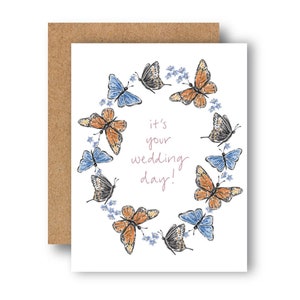 Watercolor Butterflies Wedding Card: Blue and White A2 Notecard with Kraft Envelope
