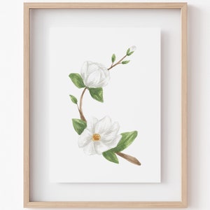 Watercolor White Magnolia Wall Art – Hand-Painted Floral Print, 5x7 or 8x10, Elegant Magnolia Artwork