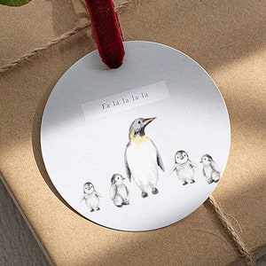 Gentoo Penguin Christmas gift tags - mom and baby penguin illustration - holiday packaging penguins - winter cottagecore decor