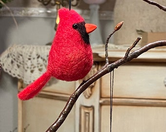 Felted red cardinal for hanging