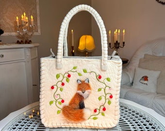 Handgefilzte Tasche, 100% mit Wolle handgemacht, Fuchs und Beeren 3D