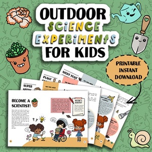 以下が含まれることがあります： 子供向けの屋外科学実験の印刷可能なセット。表紙には、種を植えている子供の漫画のイラストが描かれています。「Outdoor Science Experiments for Kids」というタイトルは、太字でカラフルな文字で書かれています。「Printable Instant Download」というテキストは黄色の円の中にあります。