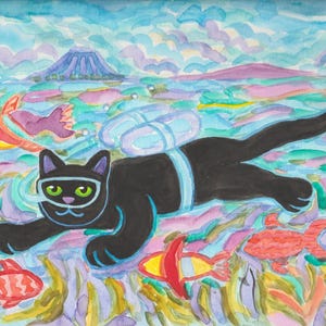 Black kitty scuba diver with reef fish off Maui 9x12 original watercolor painting by dm laughlin not a print