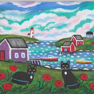 Peinture originale Black Cat Peggy's Cove avec coquelicots 4 x 5 acrylique sur panneau de toile