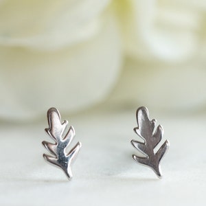 May include: A pair of silver leaf-shaped stud earrings. The earrings are small, with a detailed leaf design. The background is blurred, featuring white flowers, creating a soft, elegant aesthetic. The earrings are displayed on a white surface.