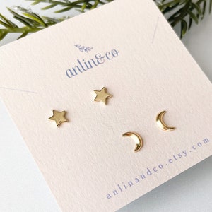 2 Pair Star and Moon Celestial Set Minimalist Stud Earring Gift Set 925 Sterling Silver and 14K Gold Vermeil Earrings