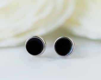 Small Black Circle Stud Earrings Pair 925 Nickel Free Sterling Silver Disk Studs