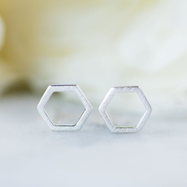 Hexagon Earrings Rhodium Silver 14k Gold Open Hexagon Studs Cute Small Minimalist Geometric Stud Earrings