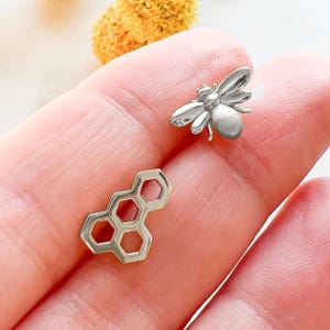 Sterling Silver Bee & Honeycomb Stud Earrings: Nickel Free