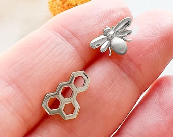 Sterling Silver Bee & Honeycomb Stud Earrings: Nickel Free