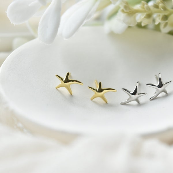 Dainty Summer Starfish Stud Earrings 925 Sterling Silver and 14K Gold Vermeil