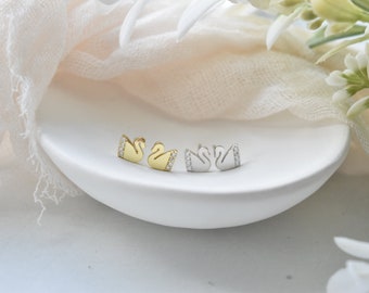 Elegant Sparkle Swan Stud Earrings 925 Sterling Silver and 14K Gold Vermeil