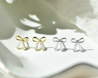 Cute Sparkle Ribbon Bow Stud Earrings 925 Silver 14k Gold Plated Vermeil