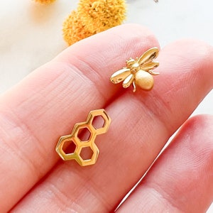 Bee Honeycomb Stud Earrings 14k Gold Vermeil Cute Bee Studs Nickel Free