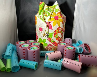 Retro vinyl curler storage bag with curlers.