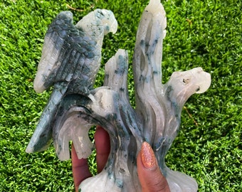 Moss Agate Parrot on Tree Carving