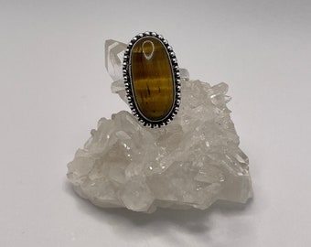 Vintage Style Tiger Eye Sterling Silver Ring Sz 9.5