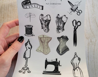 Antique corset and sewing themed sticker sheet