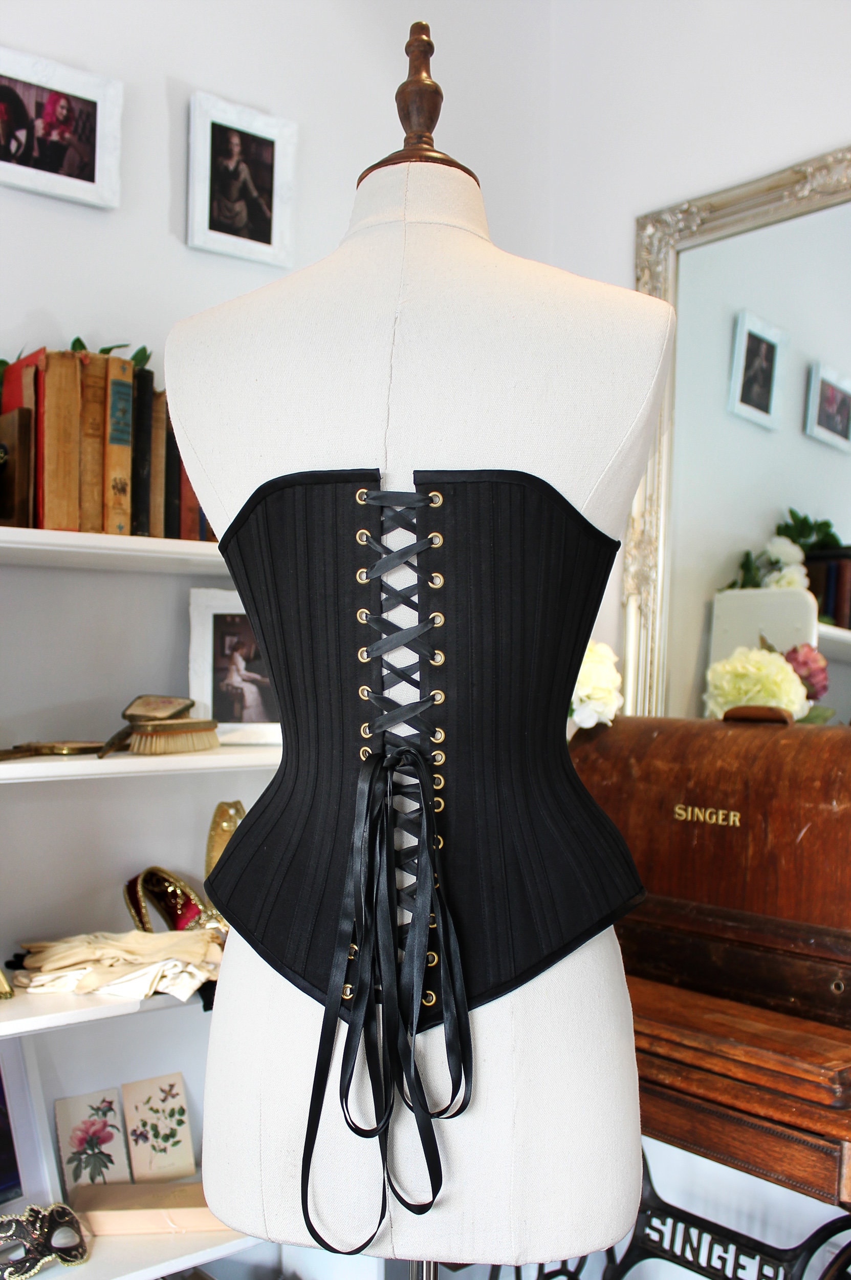 CORSET DISPLAY FORM 1890s WITH RIBBON CORSET VICTORIAN RARE WOOD BASE