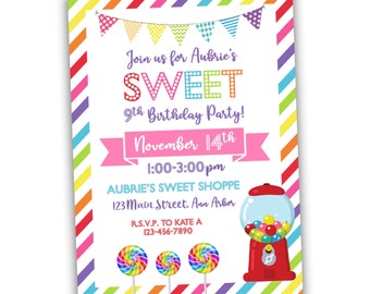 Sweet Birthday Invitation || Digital File || Personalized Invite || Candy Birthday || Candyland || Sweet Shoppe Party || Rainbow Birthday