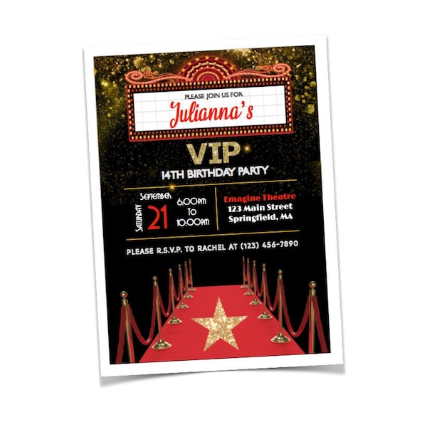 Uitnodiging voor feestje met Hollywood-thema || Aangepaste digitale download || Rode loper || Uitnodiging voor VIP-feest