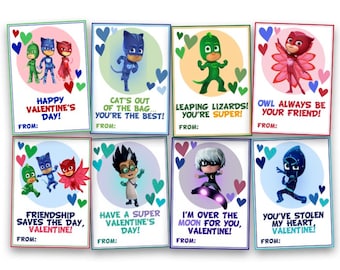 Super Heroes Digital Valentines || 8 Designs: Owlette || Catboy || Gekko || Romeo || Luna Girl  Night Ninja  ||  Instant Download || Masks