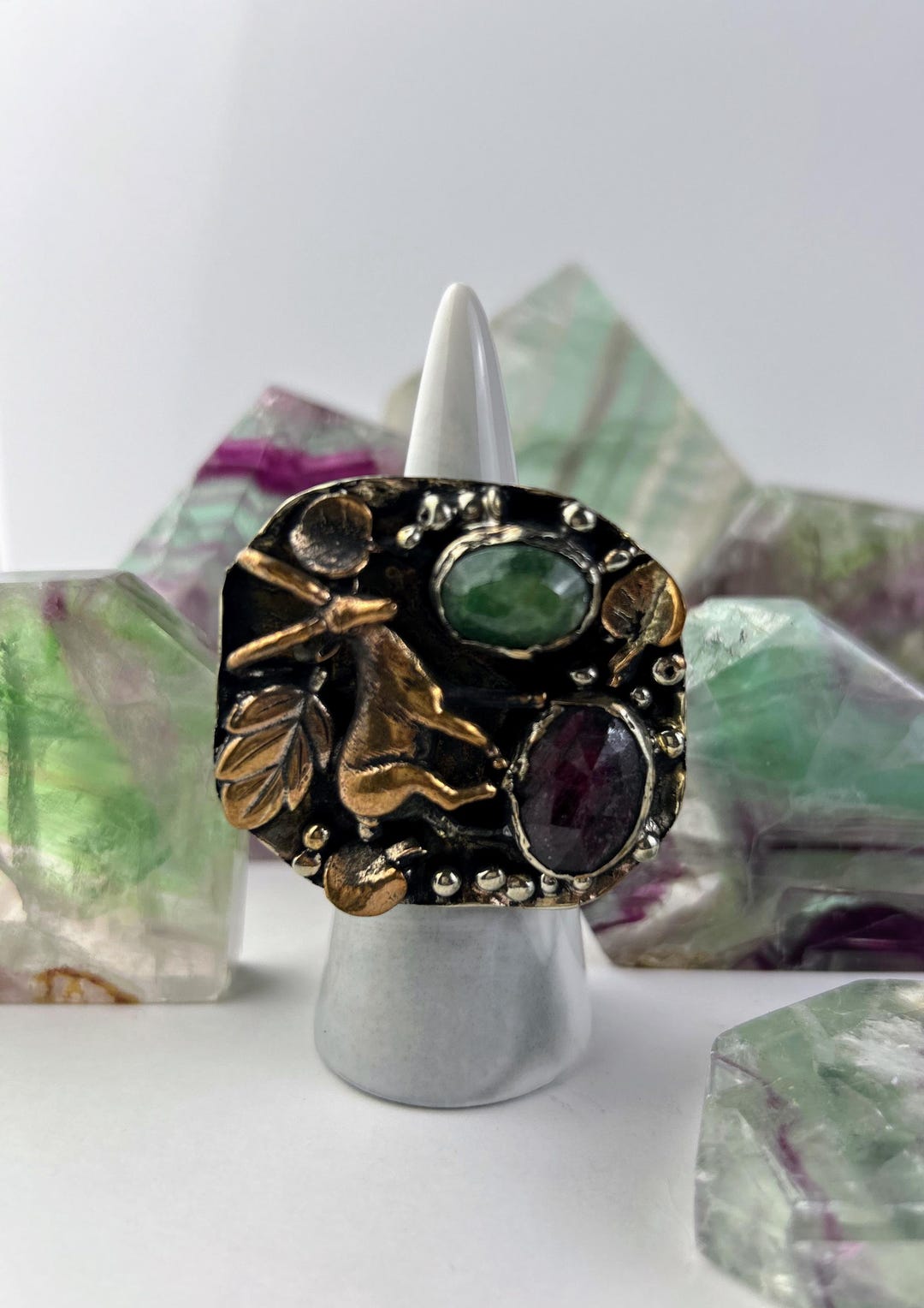 Ruby Nephrite Panel Antelope Ring, Mythology Symbol of Peace and Harmony, Ruby & Nephrite ...