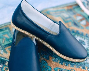 Emir Loafers | Leather Shoes | Handmade Shoes | Women's Mules | Navy Loafers | Navy Shoes | Slippers | Slip on Shoes | Flats | Yemeni