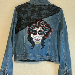 Arte Original Pintado a Mano Jean Chaqueta Calavera Sugar Dia De Los Muertos Día De La