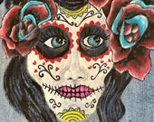 Original Art Hand Painted Jean Jacket Sugar Skull Dia De Los Muertos Day Of The