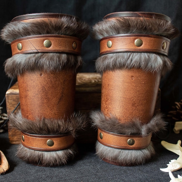 Barbarian Leather and Rabbit Fur Bracers // Viking bracers armor // Norse