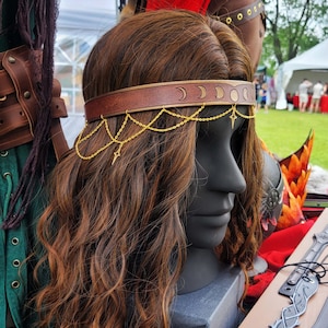 Moon Leather Tiara, Elven Witchy Headpiece Fairy Crown, Stars & Chains Moon phase