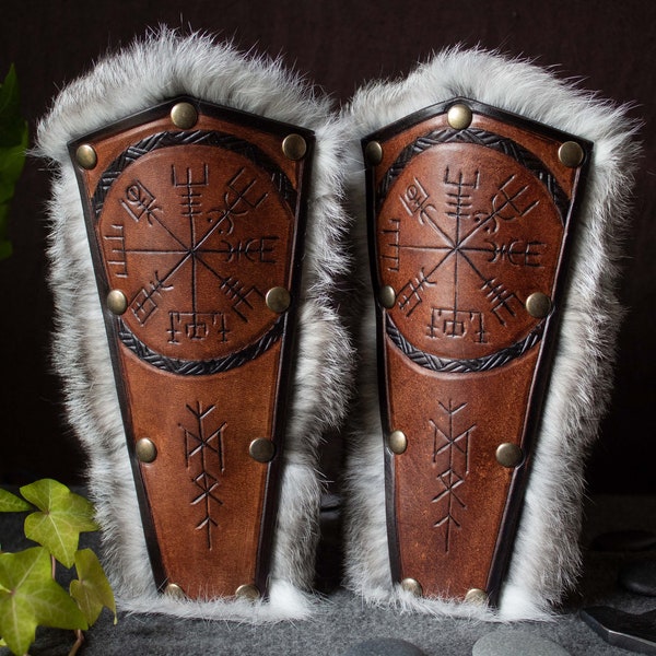 Viking Leather and Rabbit Fur Bracers // Pair of Bracers // Vegvisir // Runique