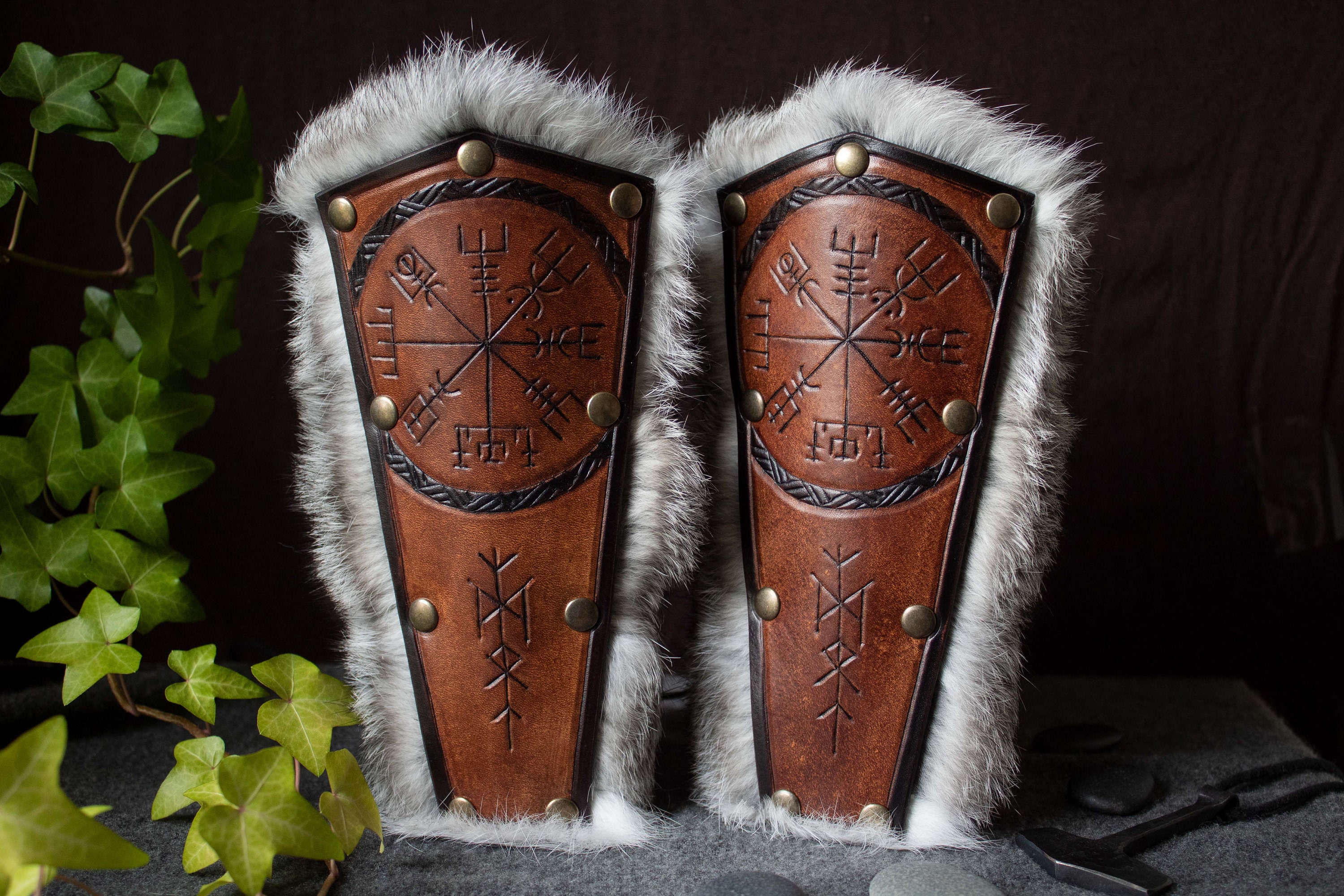 Viking Leather and Rabbit Fur Bracers // Pair of Bracers // Vegvisir //  Runique 
