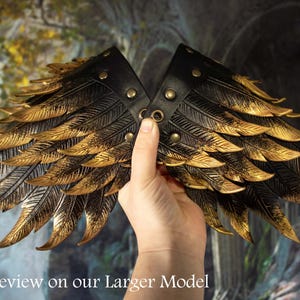 Small Leather Feather Pauldrons, LARP Armor Bird Raven Spaulder Shoulder Armor Black & Gold